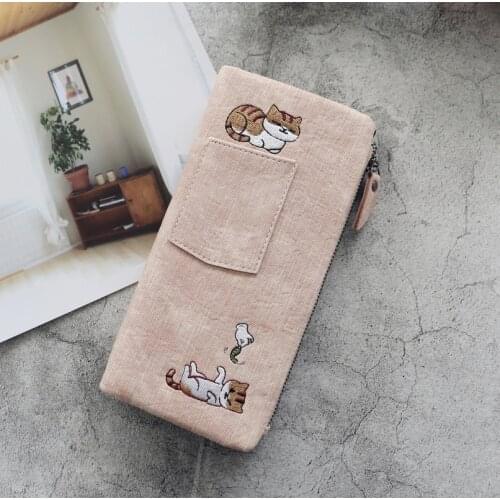 Fashion Embroidered Cat Wallet Women Long Pu Leather Purse 2021 Cartoon Girl Wallet Cute Animal Purse Coin Pocket