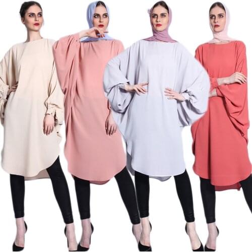Muslim Women Loose Long Tops Oversized Batwing Sleeve Kaftan Solid Spring Autumn Outfits Turkish Middle East Malaysia Fashion
