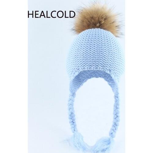 Real Raccoon Fur Pompom Beanie Hats For kids Boys And Girls Babay Winter Hat Warm Ear Protection Caps 2019