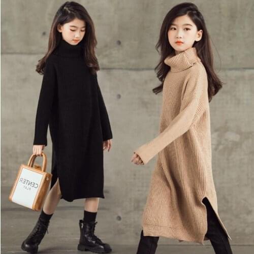 Girls Sweater Dress Autumn Winter Girls Pure Color Knitted Full Sleeve Split Dresses Sweater Children Dresses Kids Clothing10 12