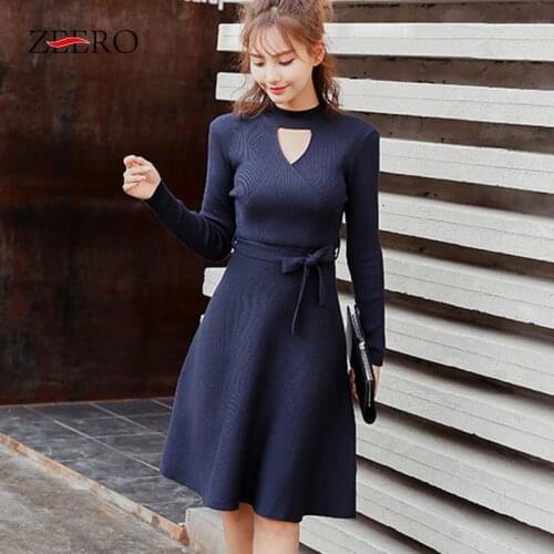 Korean Autumn Women Long Sleeve Sexy Hollow Out Bow Midi Sweater Dress Elegant Female Black Winter Knitted Party Dresses Vestido