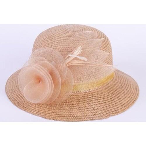 Seioum Women Summer Anti-UV Sun Hat Outdoor Beach Hat Ladies Sunproof Wide Brim Fashionable Organza Hats with Lace Flowers