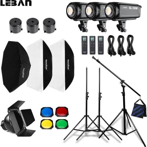 Godox 3pcs SL-150W 5600K Color Temperature Studio LED Continuous Photo Video Light + Light Stand + Softbox + Honeycomb Grid Kit
