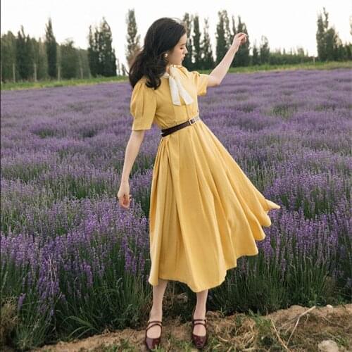 Retro Light Mature Style Women French Niche Yellow Fashion Dress Bowknot Chiffon High Waist Slim Korean Pleated Skirt With Belt
