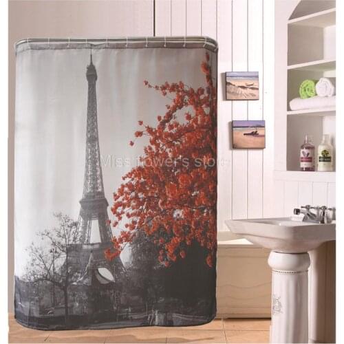 Maple Leaf & Eiffel Tower Design Shower Curtain Bathroom Waterproof Mildewproof Polyester Fabric With 12 Hooks 180cm*180cm