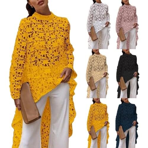 Spring Autumn Round Neck Hollow Out High Low Hem Blouse blouse Fashion Women Solid Color Hollow Out Lace Blouse High Low Top