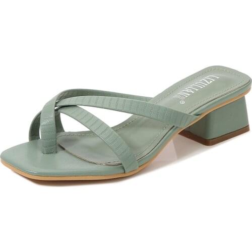 Womens Square Toe Sandals Summer 2021 New Fashion Medium Thick Heel Flip Flops Womens Slippers