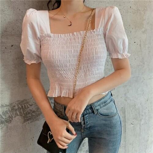 Wenfly Women Clothes Tops Casual Square Collar Short Puff Sleeve Waist Shirt Summer Ruffles Ruched Sweet Camisas Mujer