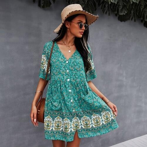 Jastie Retro Floral Prined Mini Dress V-Neck Short Sleeve Summer Dresses Women Casual Beach Short Dress Femme Vestidos 2021
