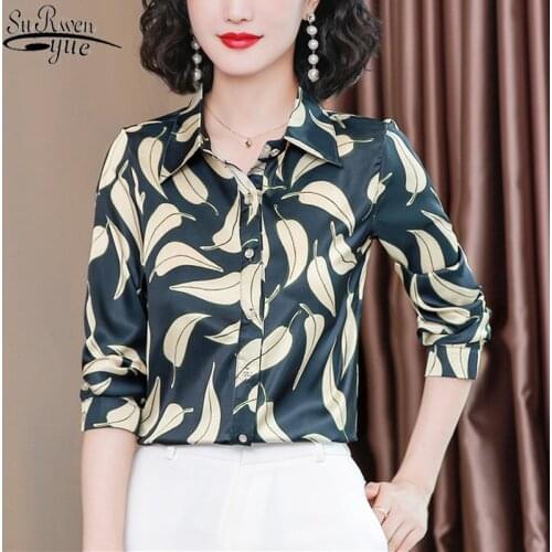 2021 Silk Shirt Autumn Fashion Long Sleeve Shirts Women Plus Size S-4XL Leaves Print Blouses Clothes Blusas Mujer De Moda 10724