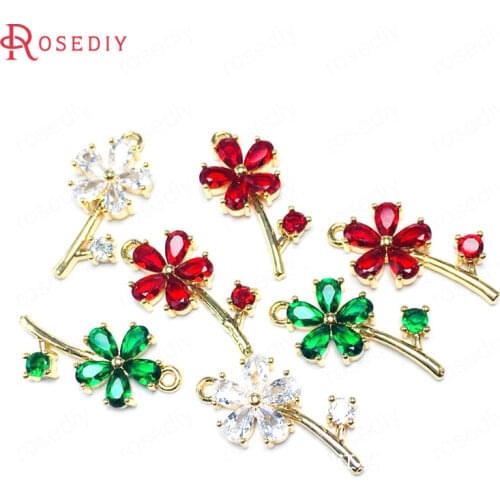 38594)6PCS 11x22MM 24K Champagne Gold Color Brass and Zircon Flower Charms Pendants High Quality Jewelry Making Diy Accessories