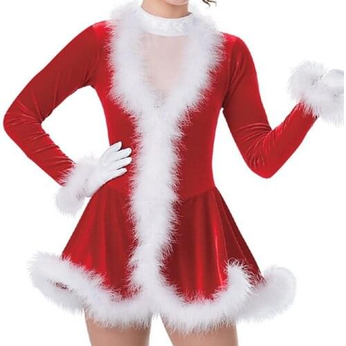 Velvet Feather Christmas Latin Dress Girls Adult Red Long Sleeve Dance Costume Thank Frank C386