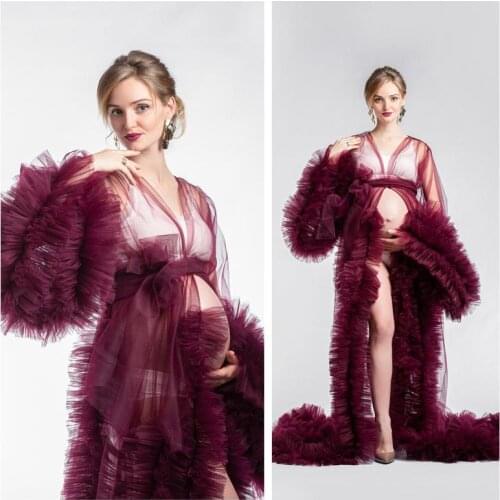 Burgundy Bridal Sleepwear Custom Made Short Sleeve Ruffle Tulle Nightgowns Elegant Party Night Gowns