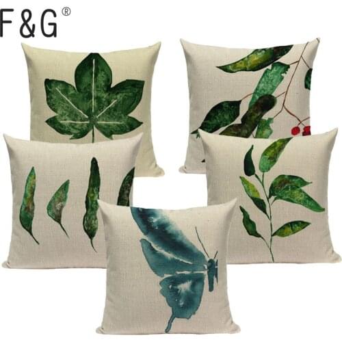 Botanical pillowcover home cushions green leaves linen decorative square one side print cushion cover custom pillow cover