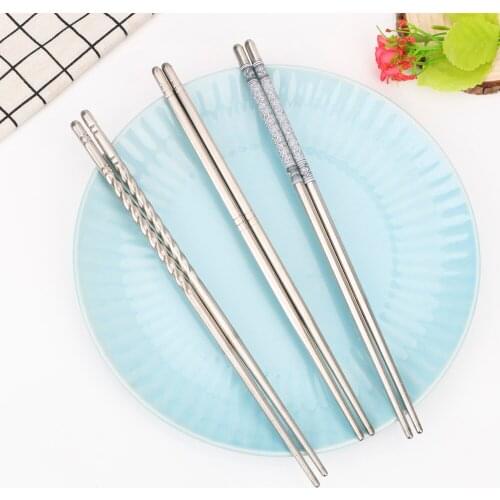 Durable Tableware Blue and White Pattern Hollow Anti-scald Non-Slip Chopsticks 5 Pair Stainless Steel 201