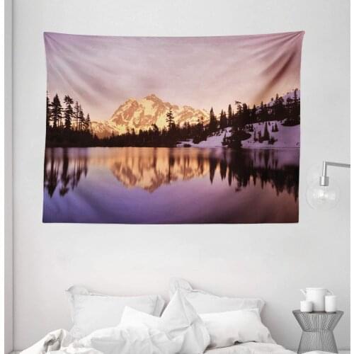 Landscape Tapestry Snow Capped Mt Shuksan Lake Sunset National Forest Washington Wide Wall Hanging For Bedroom Living Room Dorm