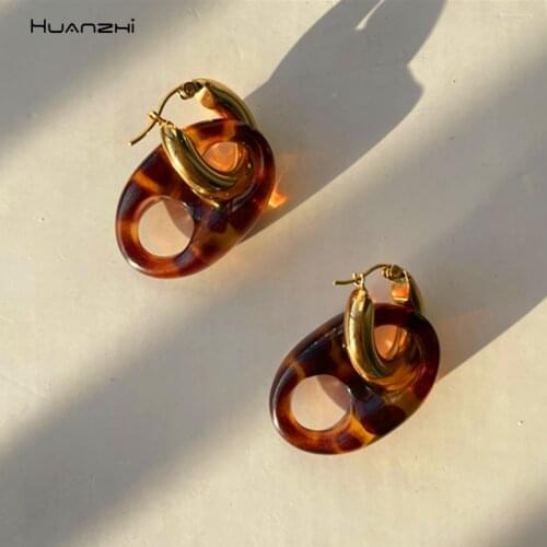 HUANZHI 2021 Gold Metal Stainless Circle Transparent Water Drop Resin Pendant Drop Earrings For Women Girls Party Travel Jewelry