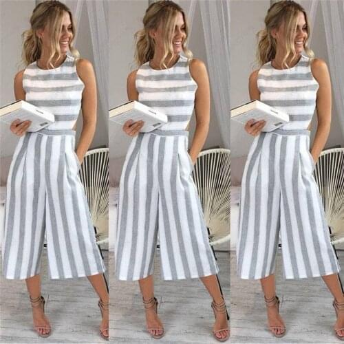 Summer Rompers Womens Jumpsuit Sexy Casual Sleeveless Elegant Striped Wide Leg Pants Playsuits Overalls Trousers Plus Size