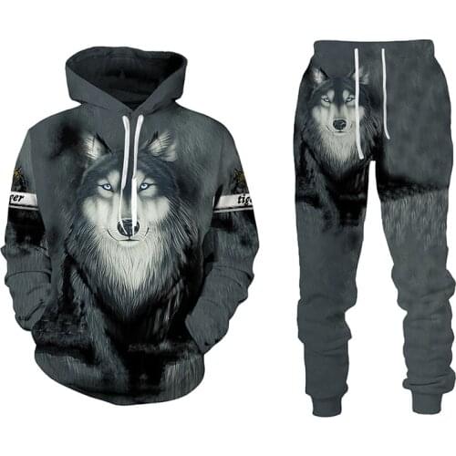 Autumn Mens Sets Digital Printing 3D Animal Wolf Print Mens Hooded Sweater + Trousers Tracksuit Mens Casual Sportswear Mens