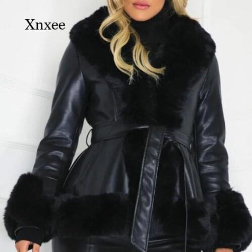 Winter Womens Thick Hooded Jacket Ladies Fashion Patchwork Pu Faux Fur Jacket Ladies Elegant Zipper Long Sleeve Jacket Women La