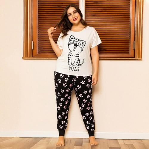 Fashion Summer Womens Pajama Set Cute Cartoon Print Plus Size Nightwear Sets Lady O Neck Loose Casual Sleepwear Suit P1