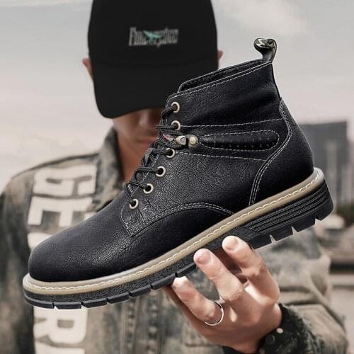 Mens Street High-top Boots Lace Up Ankle Boots Fashion Retro Plus Size Motorcycle Boots Non-slip Wear-resistant Outdoor Shoes
