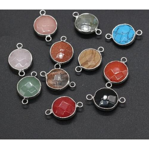 Natural Semi-precious Stone Connector Round Rose Pink Quartz Charms Pendant for Jewelry Making DIY Earring Bracelet Accessories