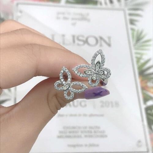 New Fashion Jewelry S925 Silvery Hollow Butterfly Rings Adjustable Size Luxury Wedding Party Finger Ring For Women Birthday Gift