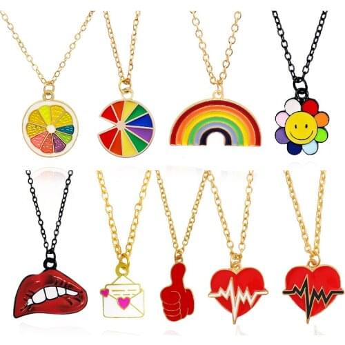 Sexy Red Lips Red Heart Rainbow Colorful Flower Necklace Sun Sunflower Love lett Pendant Necklace For Women choker Party Jewelry
