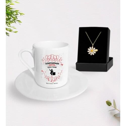Personalized Teachers Days Happy Turkish coffee Cup and Is Daisy Necklace Gift Seti-5