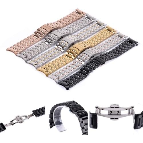 Classic Curved Watchbands Stainless Steel End Folding Clasp Watch Band Belt Strap Fashion Quartz Watch Replacement 20mm 22mm