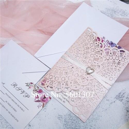 Blush Pink Flower Personalized Print Wedding Invitations with Sweetheart Rhinestone and Ribbon DIY Greeting Cards for Engagement