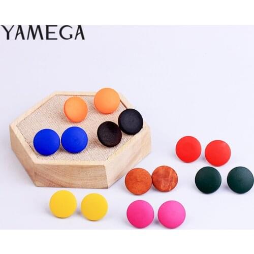 Korean Simple Design Log Wooden Earrings Red Brown Round Alloy Button Wood Earrings Female Trendy Jewelry For Women Girls Gifts