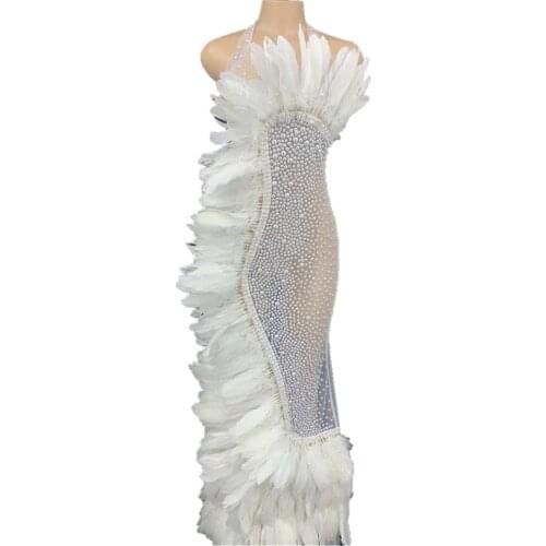 Sexy Rhinestone Feather Long Dress Birthday Celebrate Outfit DJ Nightclub Bar Women Dancer Prom Stage Dance Costume For Singer