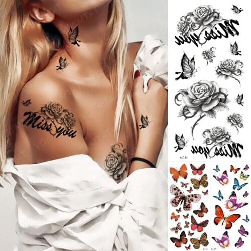 Waterproof Temporary Tattoo Sticker Realistic Sketch Butterfly Fake Tatto Flash Flowers Tatoo Body Art 3d For Girl Women