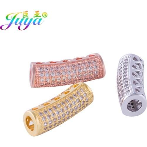 Retail Jewelry Supplies Micro Pave Zircon Gold Curved Tube Spacer Charm Beads Accessories For DIY Beading Jewelry Making