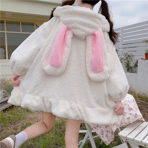 Jacket women Japan girl winter soft girl cute fur ball rabbit ears hooded ruffle lambswool plus size padded coat warm top