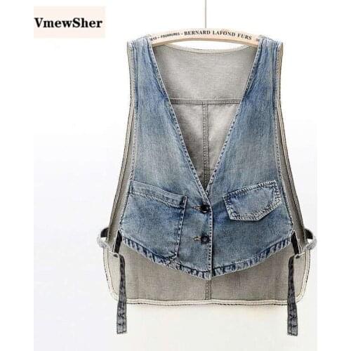 VmewSher New Spring Summer Buckle Waits Women Vest Denim Sleeveless Jacket Fashion Female Chic Pockets Jean Waistcoat Streetwear