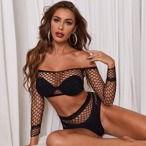 Women Solid Color Clothes Set, Long Sleeve Off-shoulder Hollowed Cropped Tops+Elastic Waist Sexy Shorts see through lingerie