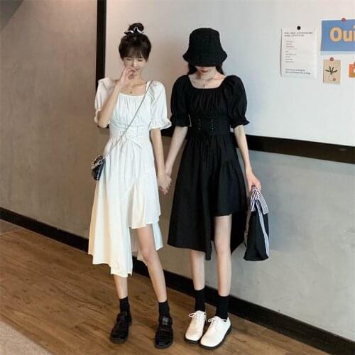 Summer New2021Vintage Korean Fashion Asymmetrical Dress Bow Square Neck Puff Sleeve Lace Up Waist Dress for Women Midi Dresse