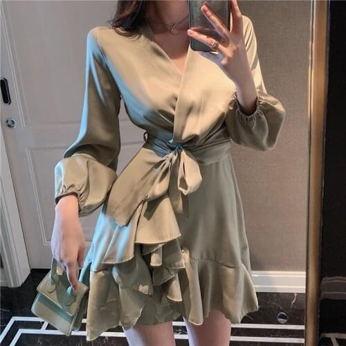Spring Women Sexy Dress Satin Full Sleeves V-neck Dress Urban Beauty Ladies Slim Lace-up Sashes Above Knee Ruffles Hem Dress