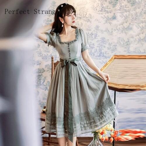 2021 Summer New Arrival Vintage Hot Sale French Style Square Collar Short Sleeve Women Cotton Linen Long Dress