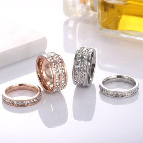 ZooMango Titanium Steel Single & Double Row CZ Crystal Couple Rings Classic Rose Gold Engagement Wedding Ring For Women ZR17050