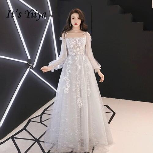 Its Yiiya Prom Gowns Gray Champagne Boat Neck Full Sleeves A-line Party Dress Floor length Stars Plus Size Prom Dresses E428