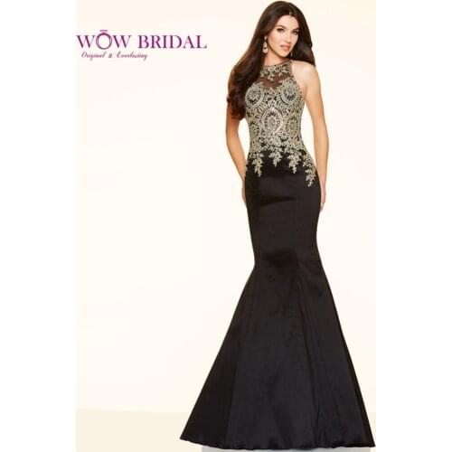 Wowbridal 2021 Sexy Black Mermaid Evening Dresse with Sheer Golden Lace Appliques Long Prom Party Dresses vestidos de noche