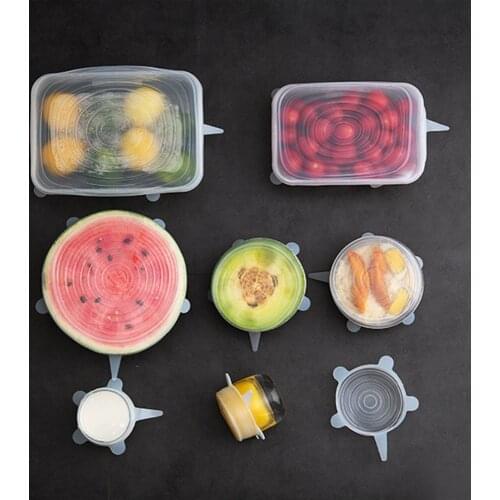 6 Pcs/Set Silicone Food Cover Reusable Stretch Vacuum Seal Wrap Wrap Kitchen Organization Pot Dish Fresh Keeping Sealed Lids
