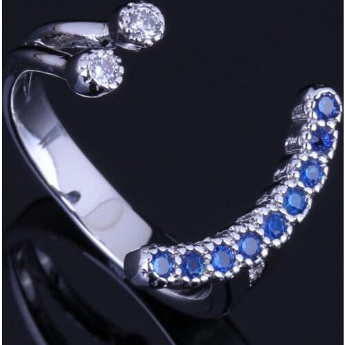 Noblest Smile Blue Cubic Zirconia White CZ Silver Plated Open Ring V0664