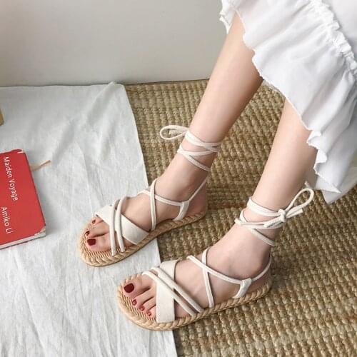 One-Strap Sandals Fairy Style Summer 2020 New Internet Celebrity Versatile Flat Linen Lace-up Beach Roman Shoes kawaii shoes