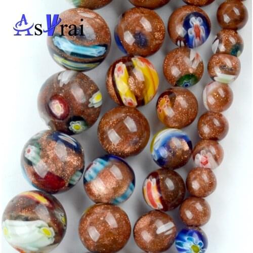 Natural Lampwork Gold Sand Stone Beads Spacer Loose Round Beads For Jewelry Making 6/8/10/12mm Diy Bracelets Accessories 15"