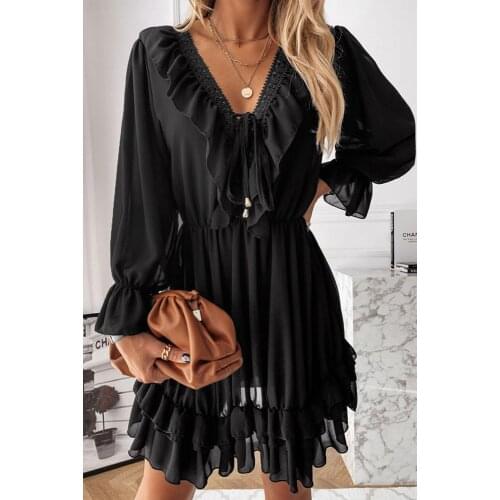 Black/Beige Lacy V Neck Ruffled Mini Dress 2021 New Fashion Autumn Spring Long Sleeve A Line Short Dress Plus Size S-2XL